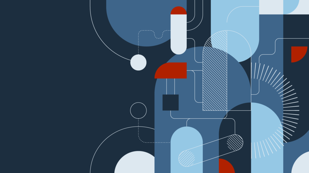 Abstract illustration of an industrial machine in blues and reds