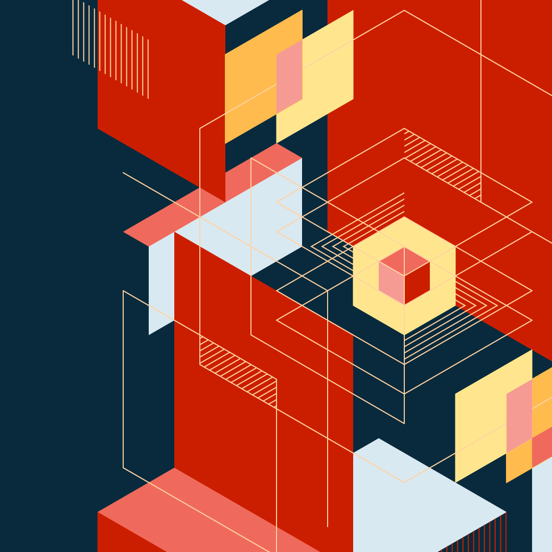 illustration with layers, lines, and boxes in red blue and yellow