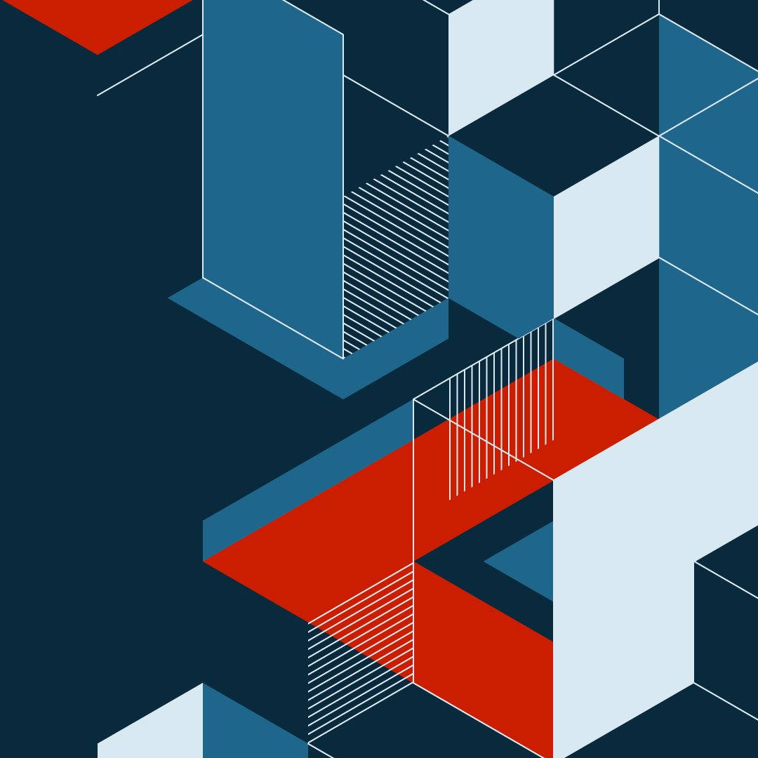 Abstract illustration of boxes, lines in blues and red